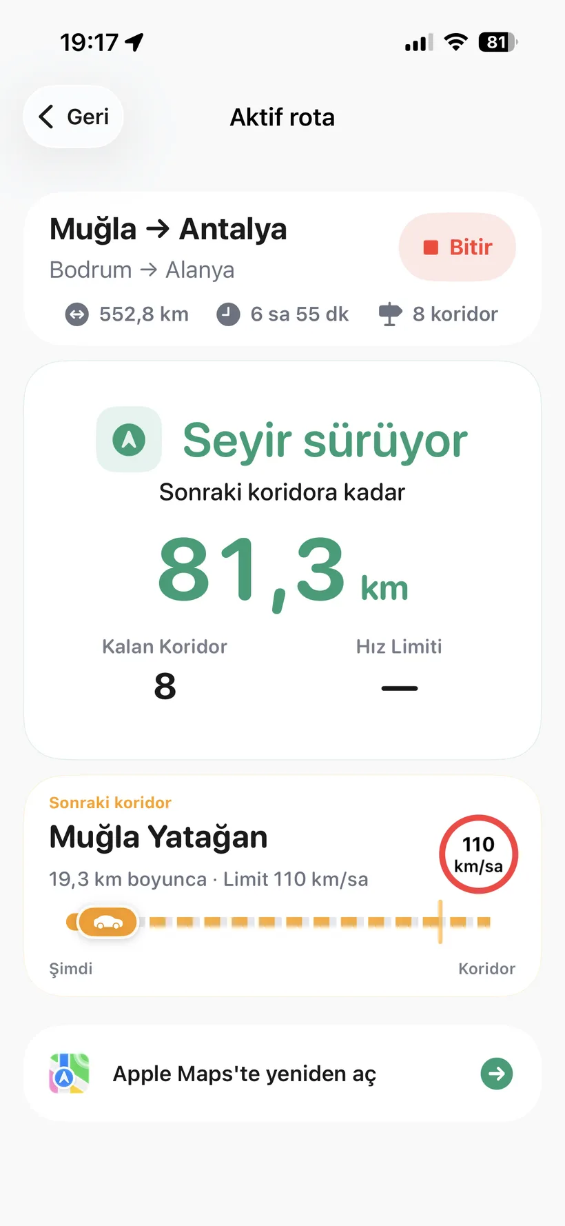 YolRadar aktif rota ve sıradaki koridor ekranı