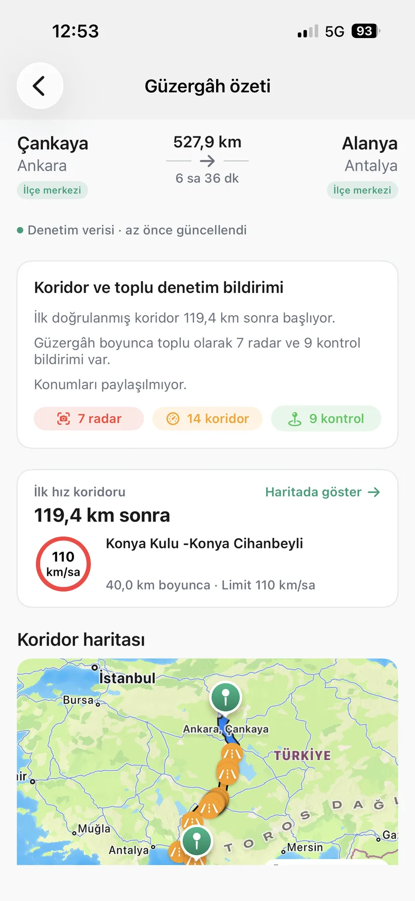 YolRadar güzergah özeti ekranı