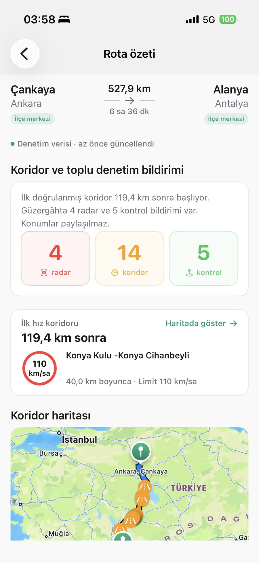 YolRadar güzergah planlama ekranı